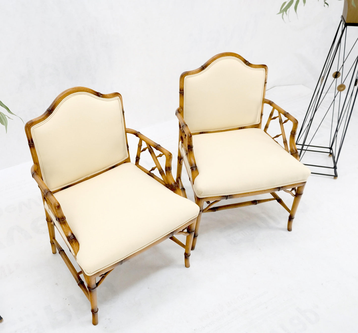EstablishedLines Pair Faux Bamboo New Virgin Wool Upholstery Lounge Arm Fire Side Chairs MINT!