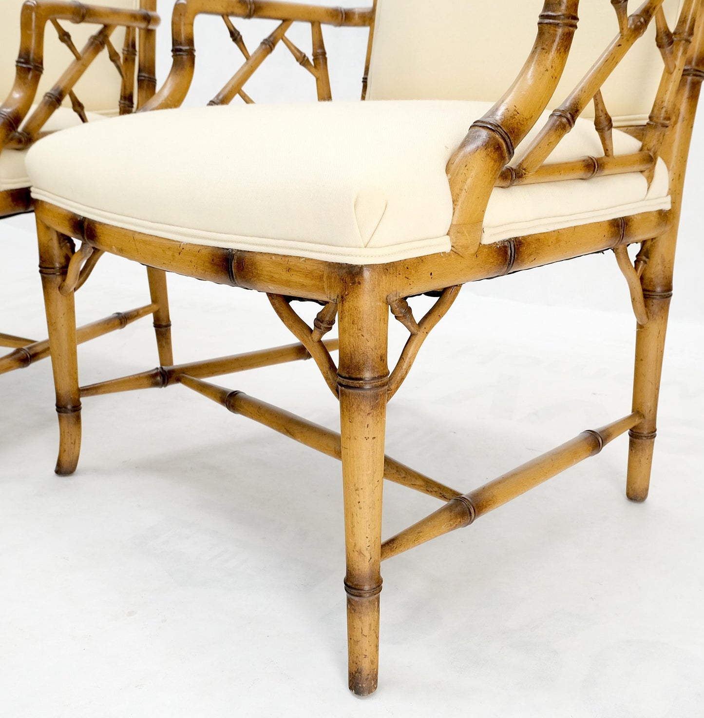 EstablishedLines Pair Faux Bamboo New Virgin Wool Upholstery Lounge Arm Fire Side Chairs MINT!