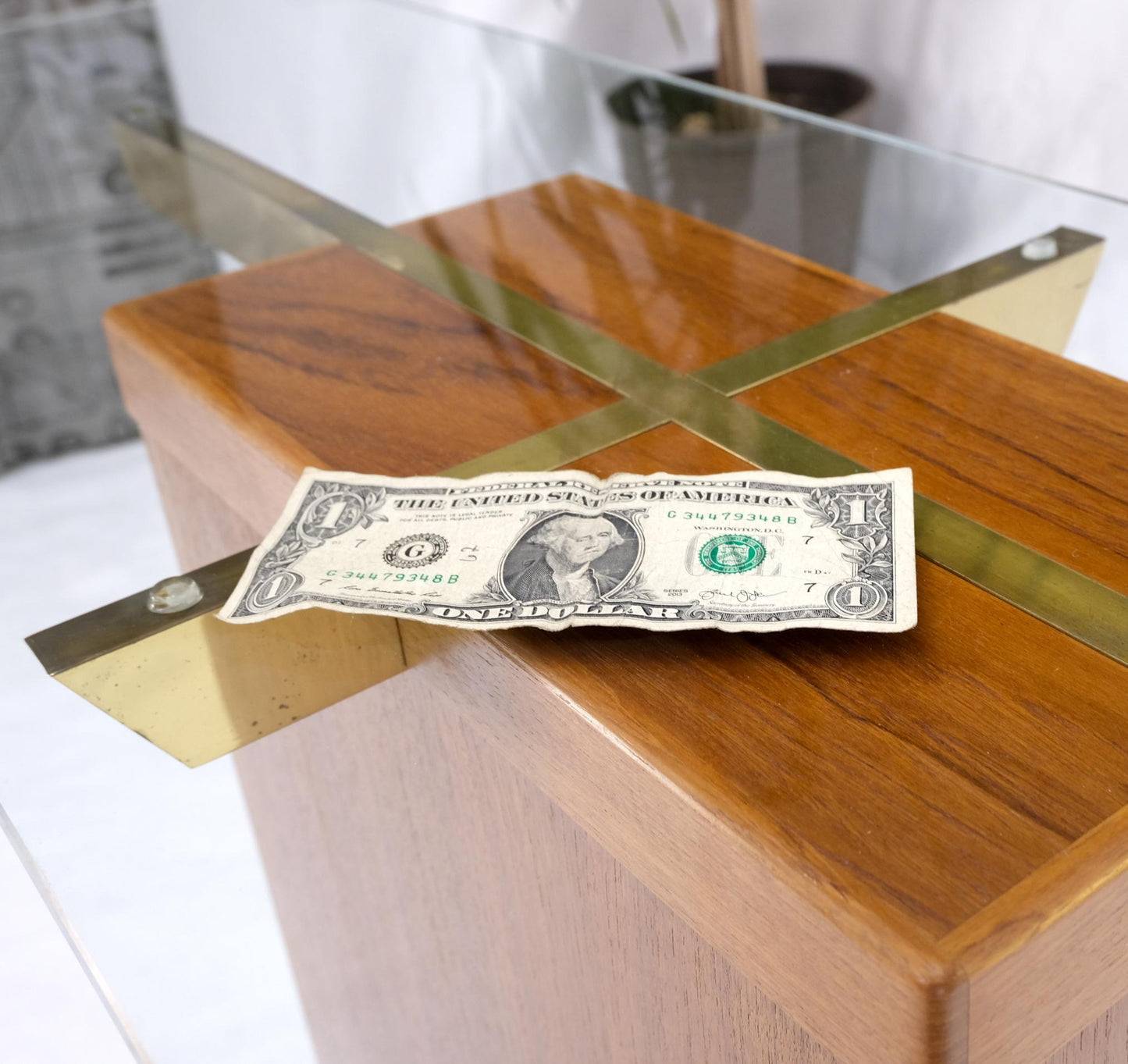 EstablishedLines Danish Mid-Century Modern Teak Brass Glass Top Pedestal Base Console Sofa Table
