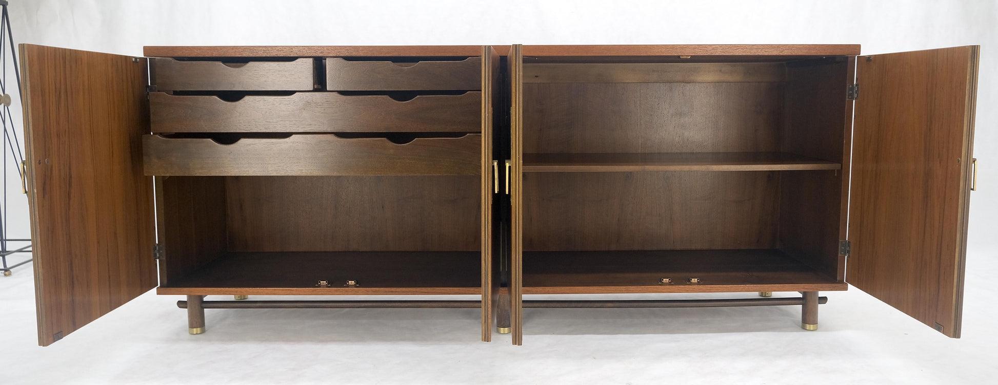EstablishedLines Baker Teak & Brass Double Door Compartment 4 Drawers Credenza Dresser MINT!