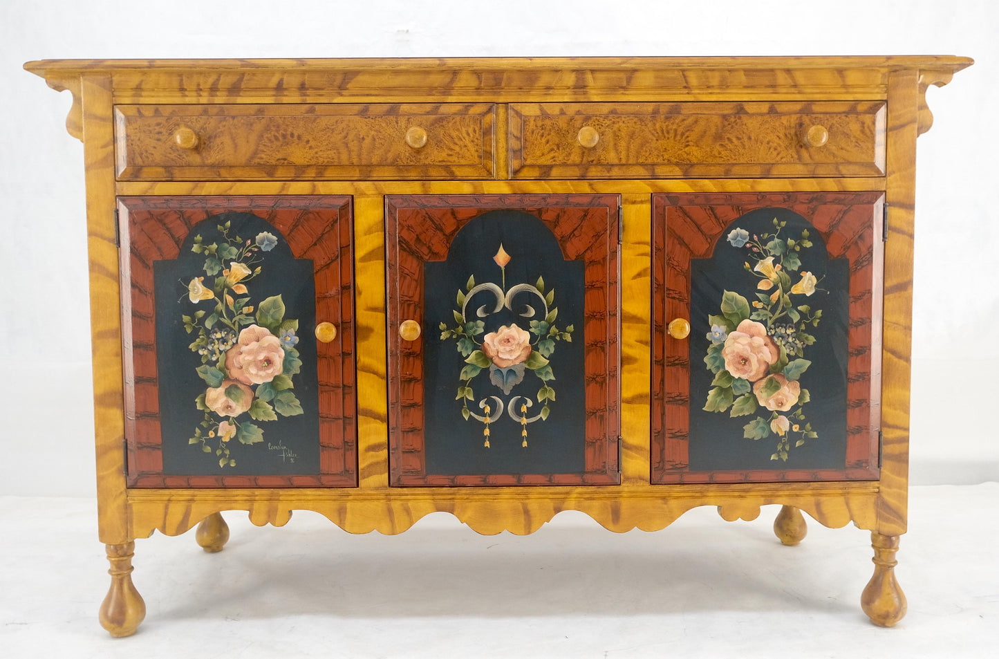EstablishedLines Paint Decorated Faux Finish Backsplash 3 Doors 1 Drawer Sideboards Onion Legs