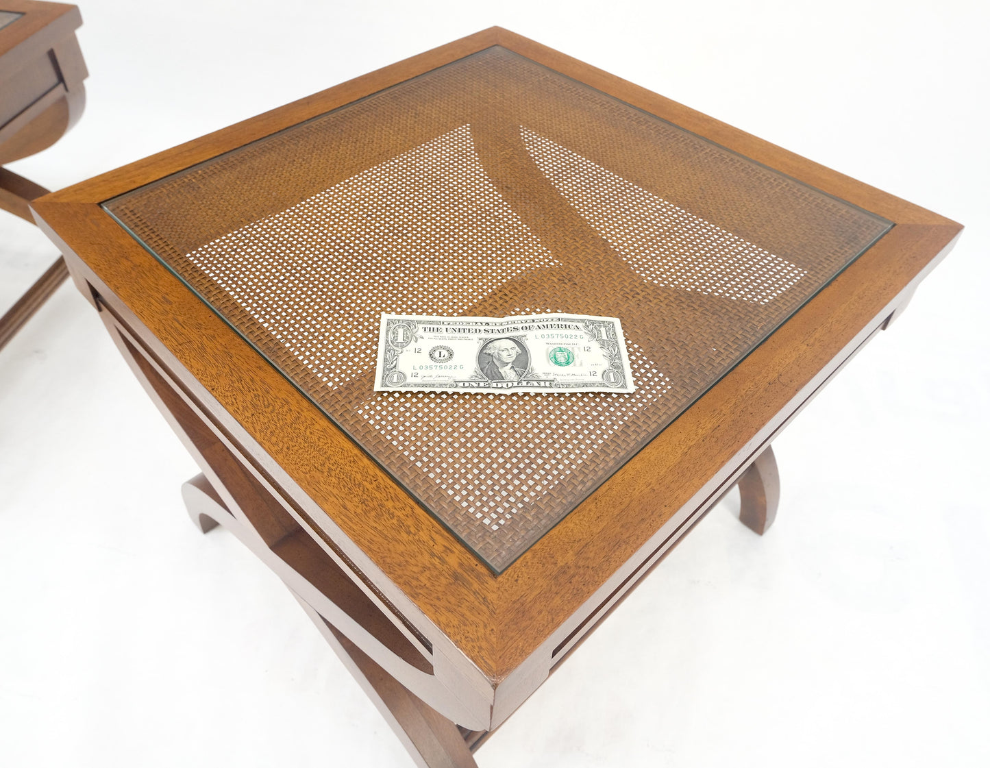 EstablishedLines Pair Decorative Glass & Cane Top X Shape Bases Legs Square Side End Tables MINT!