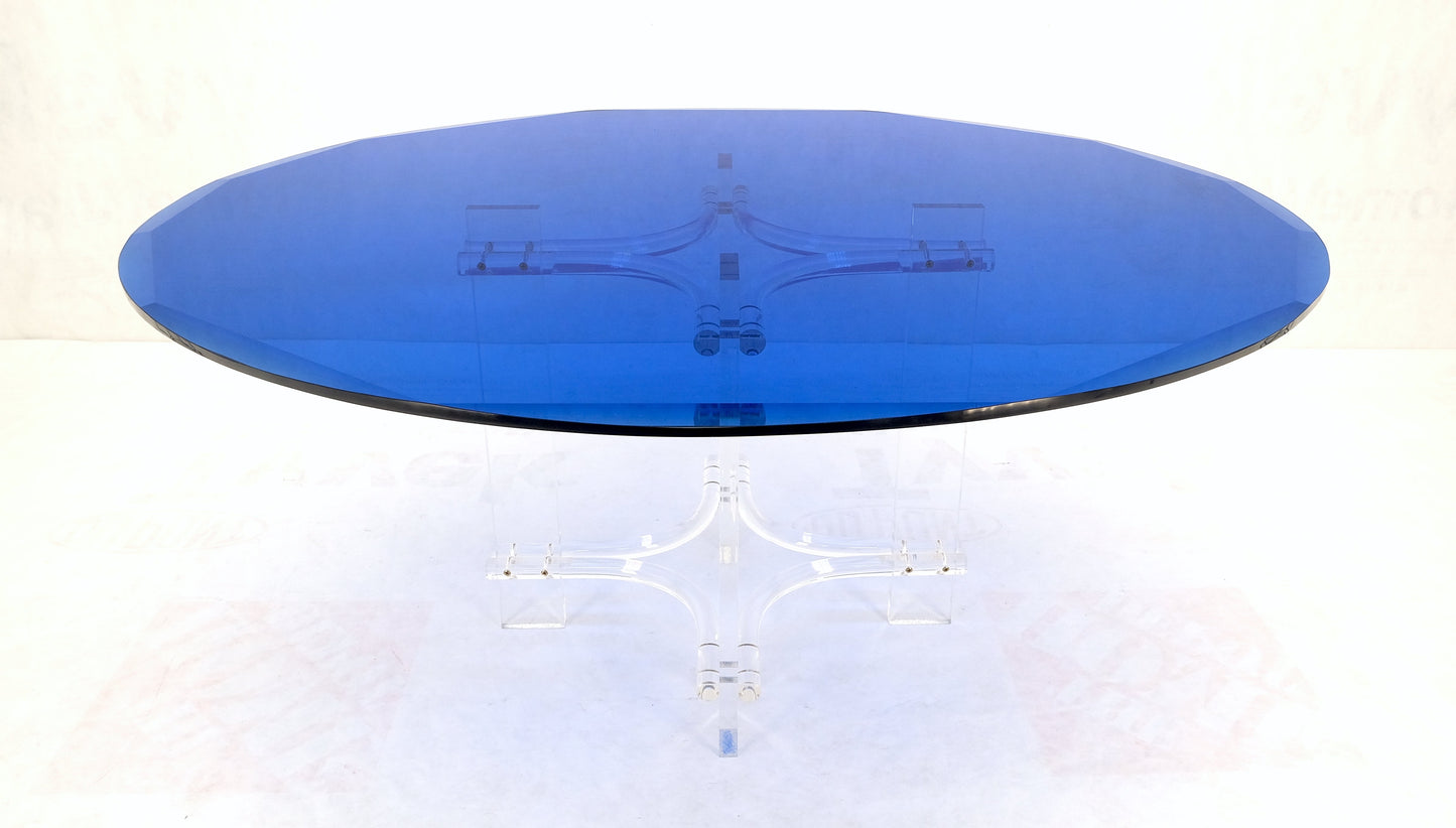 Large Oval Blue Azul Purple Beveled 3/4" Glass Top Dining Table on Lucite Base