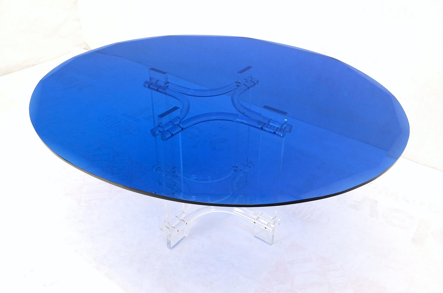 Large Oval Blue Azul Purple Beveled 3/4" Glass Top Dining Table on Lucite Base