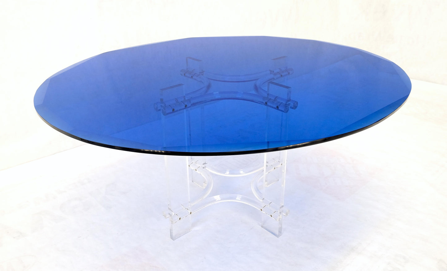 Large Oval Blue Azul Purple Beveled 3/4" Glass Top Dining Table on Lucite Base