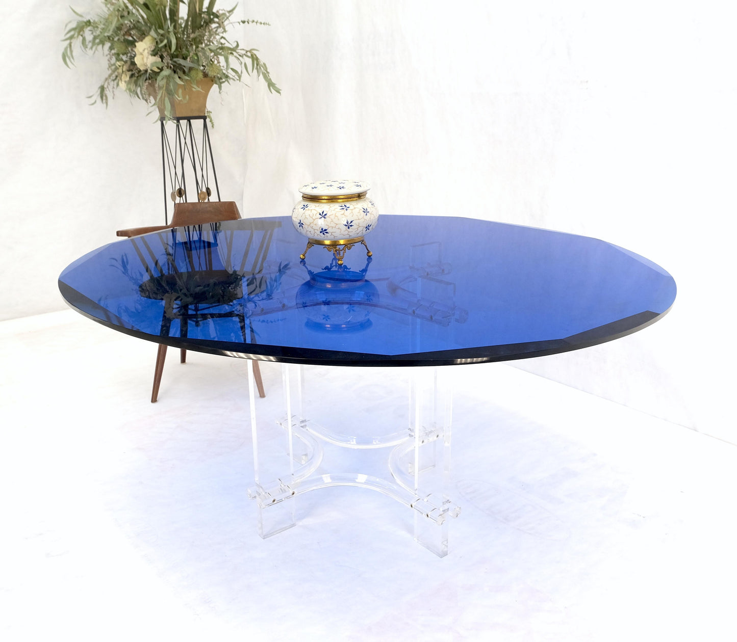 Large Oval Blue Azul Purple Beveled 3/4" Glass Top Dining Table on Lucite Base