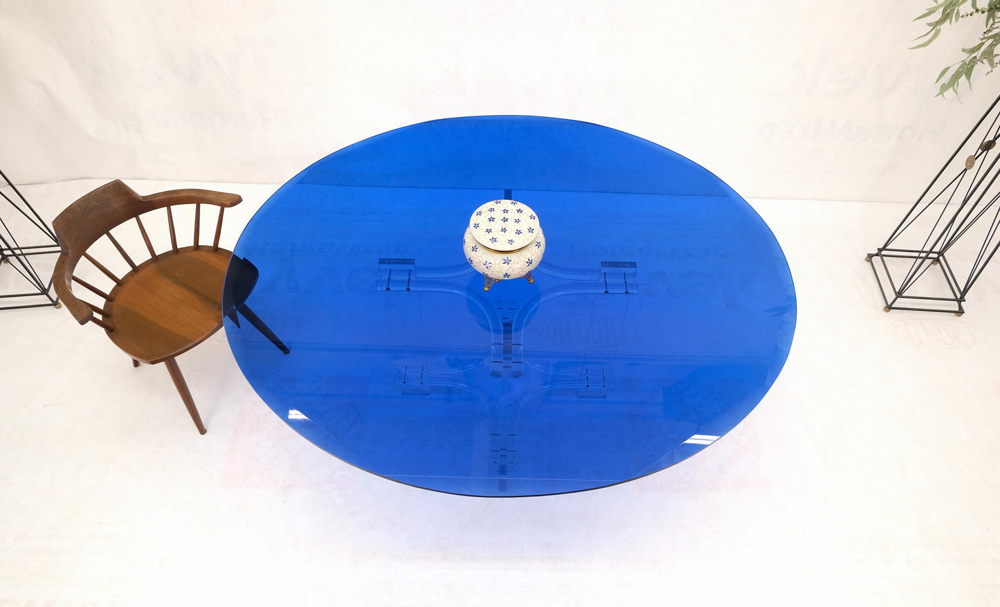 Large Oval Blue Azul Purple Beveled 3/4" Glass Top Dining Table on Lucite Base