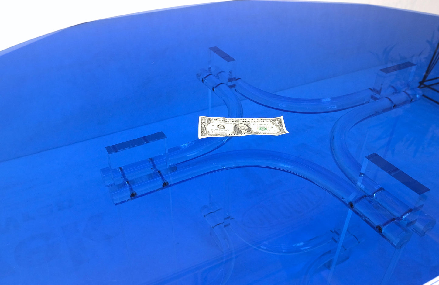 Large Oval Blue Azul Purple Beveled 3/4" Glass Top Dining Table on Lucite Base