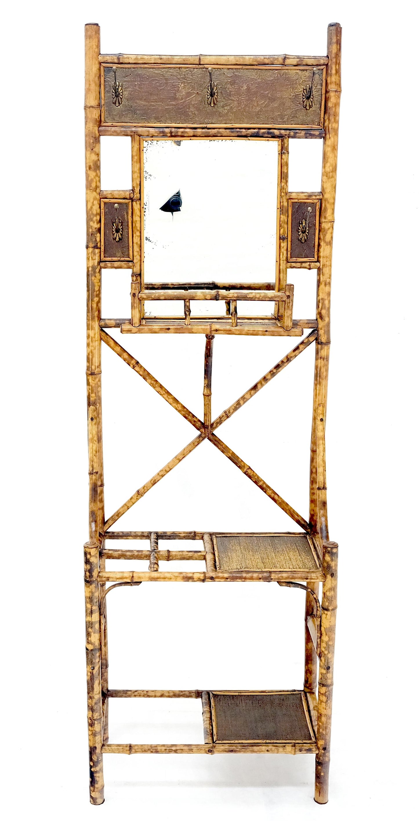 EstablishedLines Antique Burnt Bamboo Coat & Umbrella Rack w/ Mirror Very Decorative c1940s