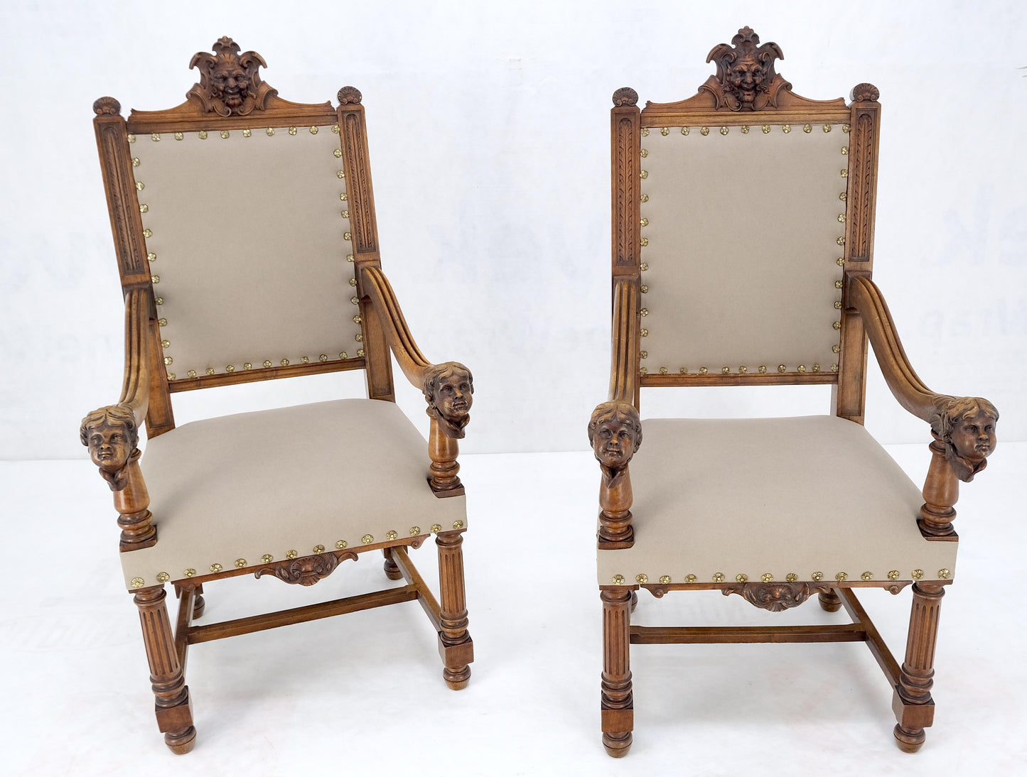 EstablishedLines Pair Antique Heavily Carved Walnut Cherub North Wind Faces Arm Chairs New Uphols