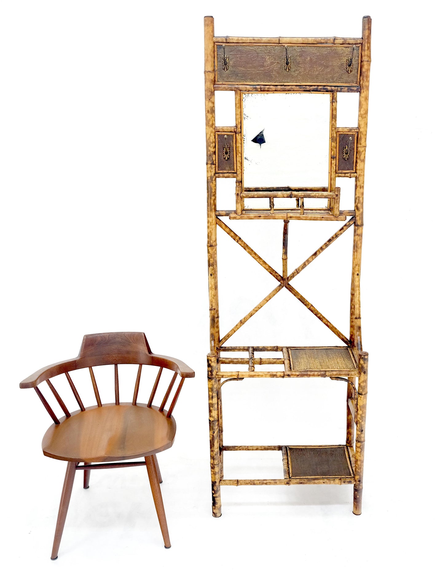EstablishedLines Antique Burnt Bamboo Coat & Umbrella Rack w/ Mirror Very Decorative c1940s