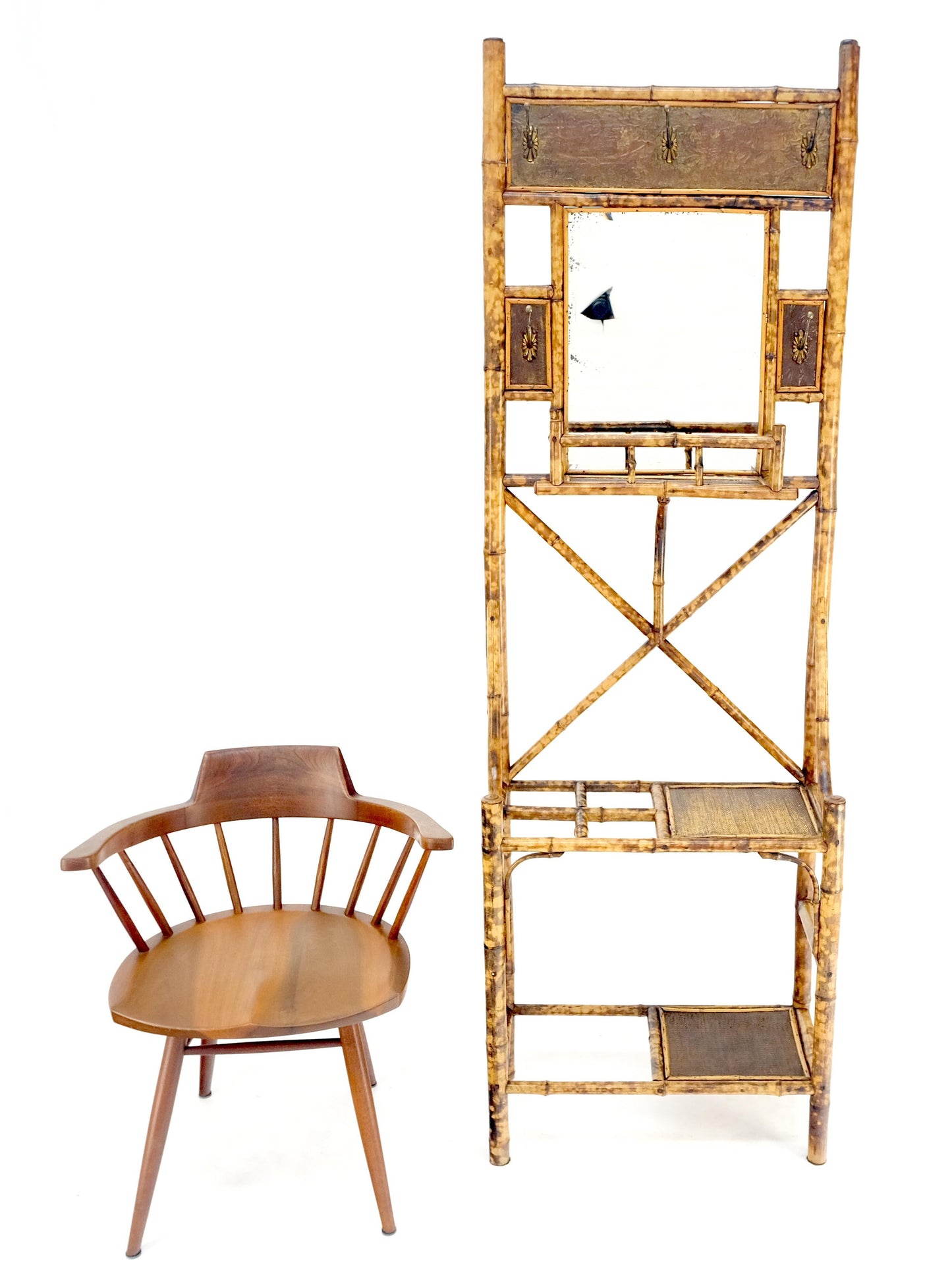 EstablishedLines Antique Burnt Bamboo Coat & Umbrella Rack w/ Mirror Very Decorative c1940s