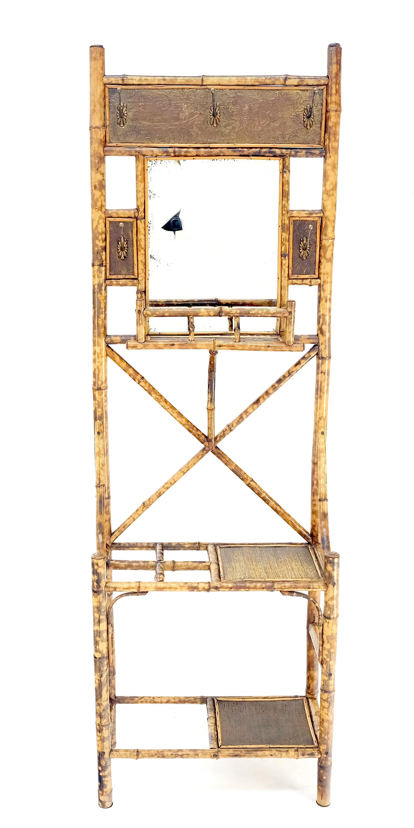 EstablishedLines Antique Burnt Bamboo Coat & Umbrella Rack w/ Mirror Very Decorative c1940s