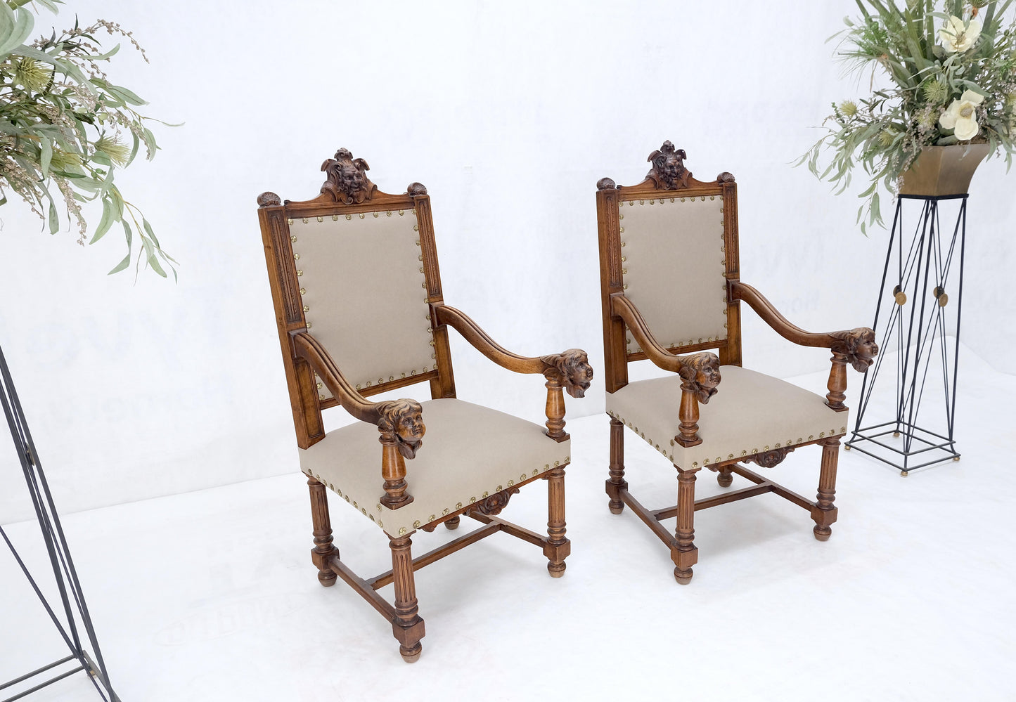 EstablishedLines Pair Antique Heavily Carved Walnut Cherub North Wind Faces Arm Chairs New Uphols
