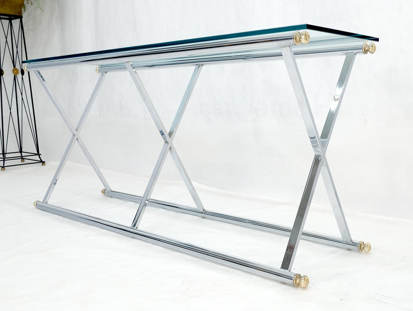 EstablishedLines Chrome X Base Glass Top 67" Long Console Sofa Table Mid Century Modern c1970s