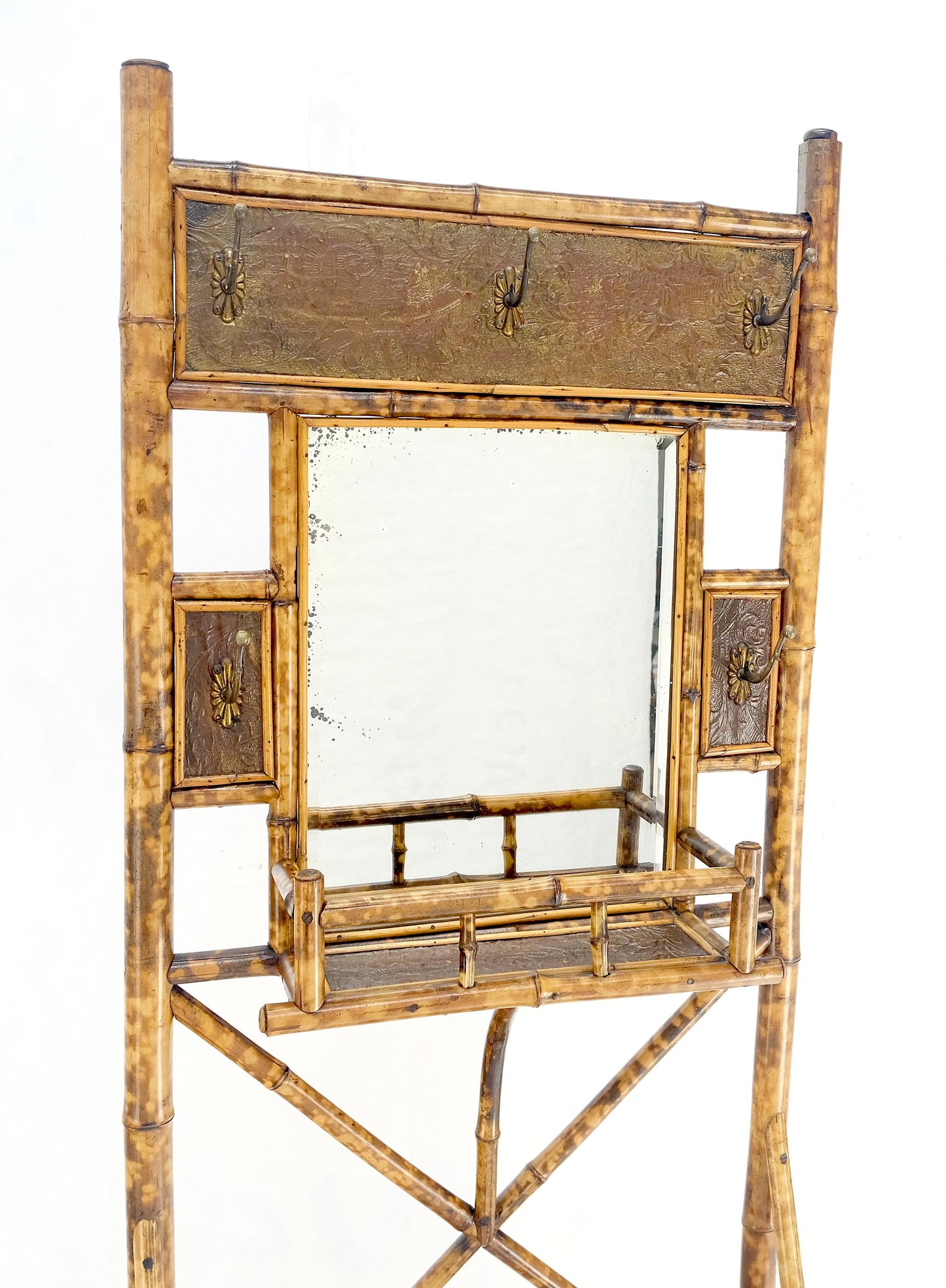 EstablishedLines Antique Burnt Bamboo Coat & Umbrella Rack w/ Mirror Very Decorative c1940s