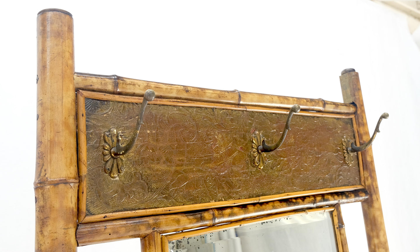 EstablishedLines Antique Burnt Bamboo Coat & Umbrella Rack w/ Mirror Very Decorative c1940s