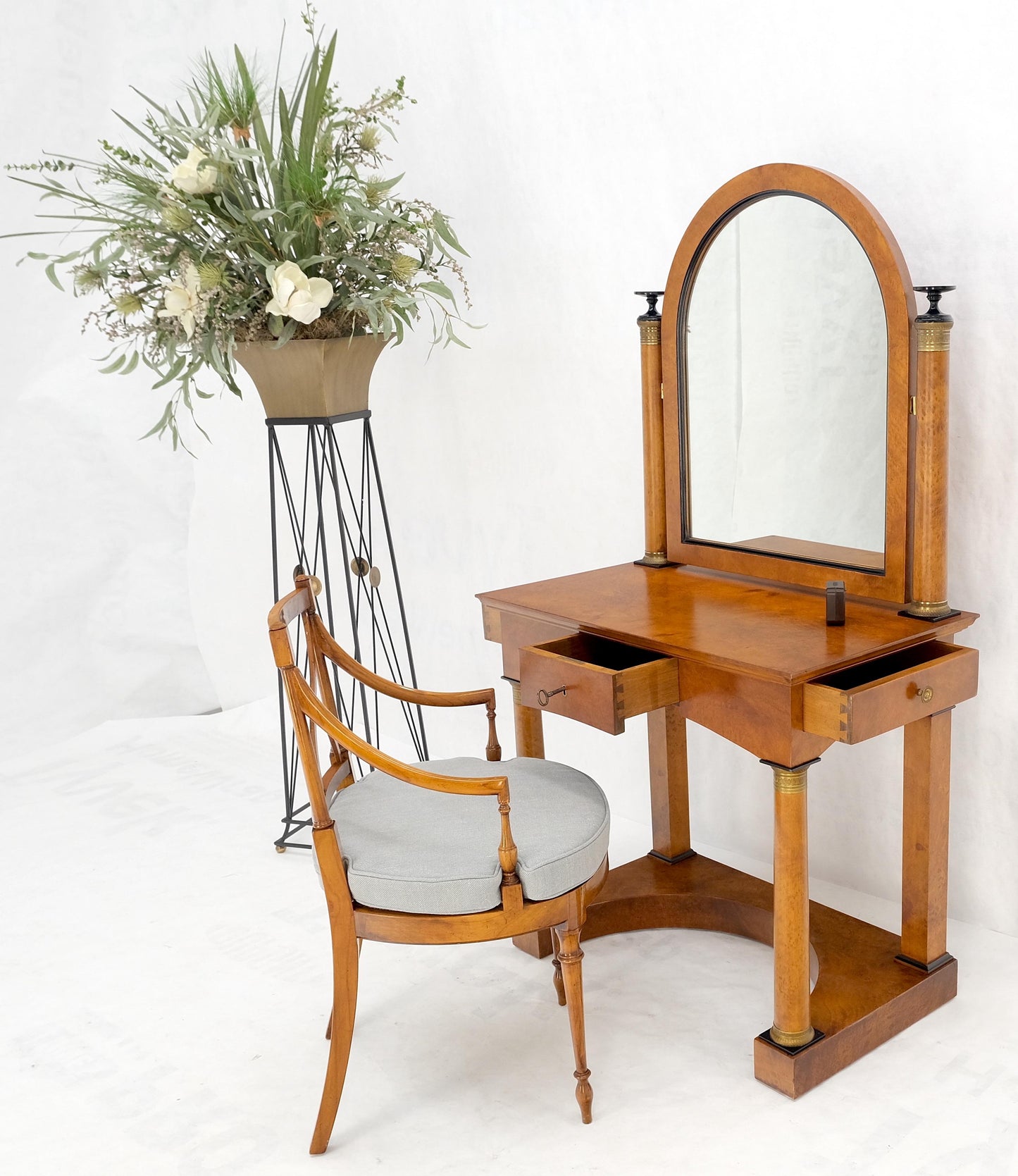 EstablishedLines Burl Wood Biedermeier Dressing Table Mirror Matching Chair Cane Seat Mint!
