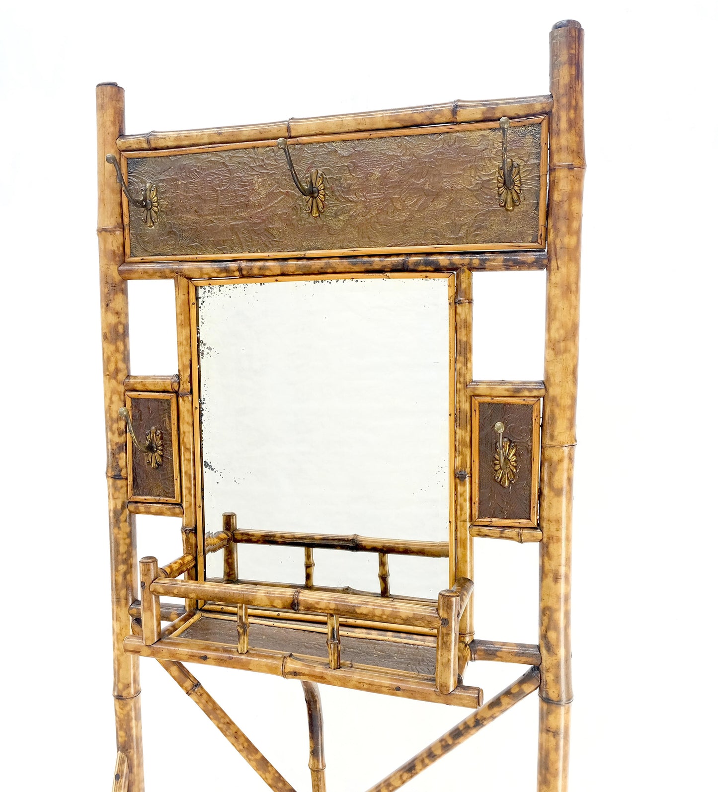 EstablishedLines Antique Burnt Bamboo Coat & Umbrella Rack w/ Mirror Very Decorative c1940s