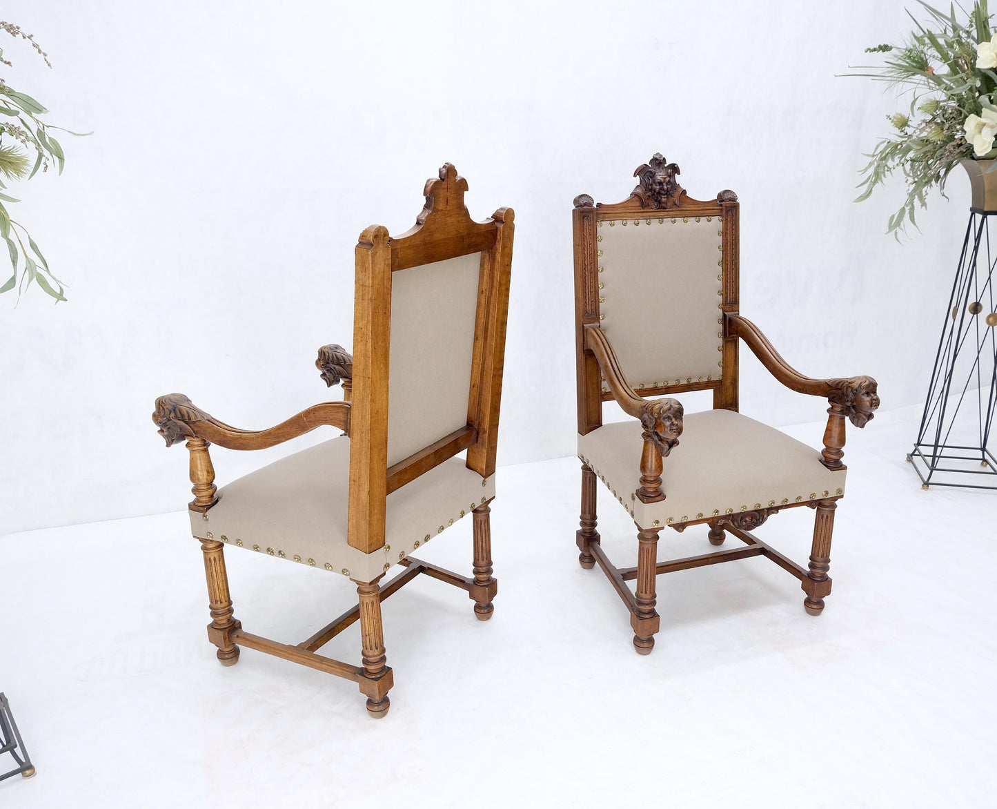EstablishedLines Pair Antique Heavily Carved Walnut Cherub North Wind Faces Arm Chairs New Uphols