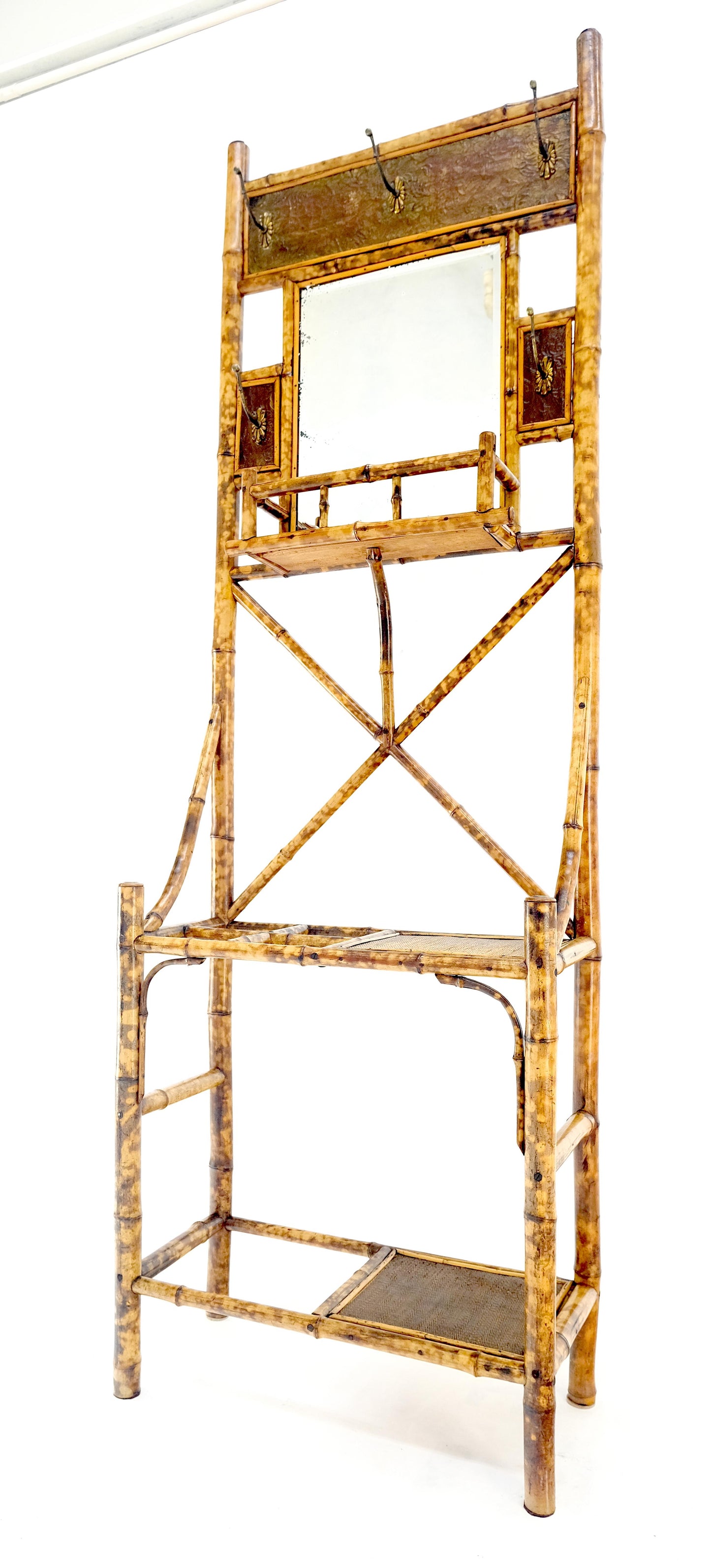 EstablishedLines Antique Burnt Bamboo Coat & Umbrella Rack w/ Mirror Very Decorative c1940s