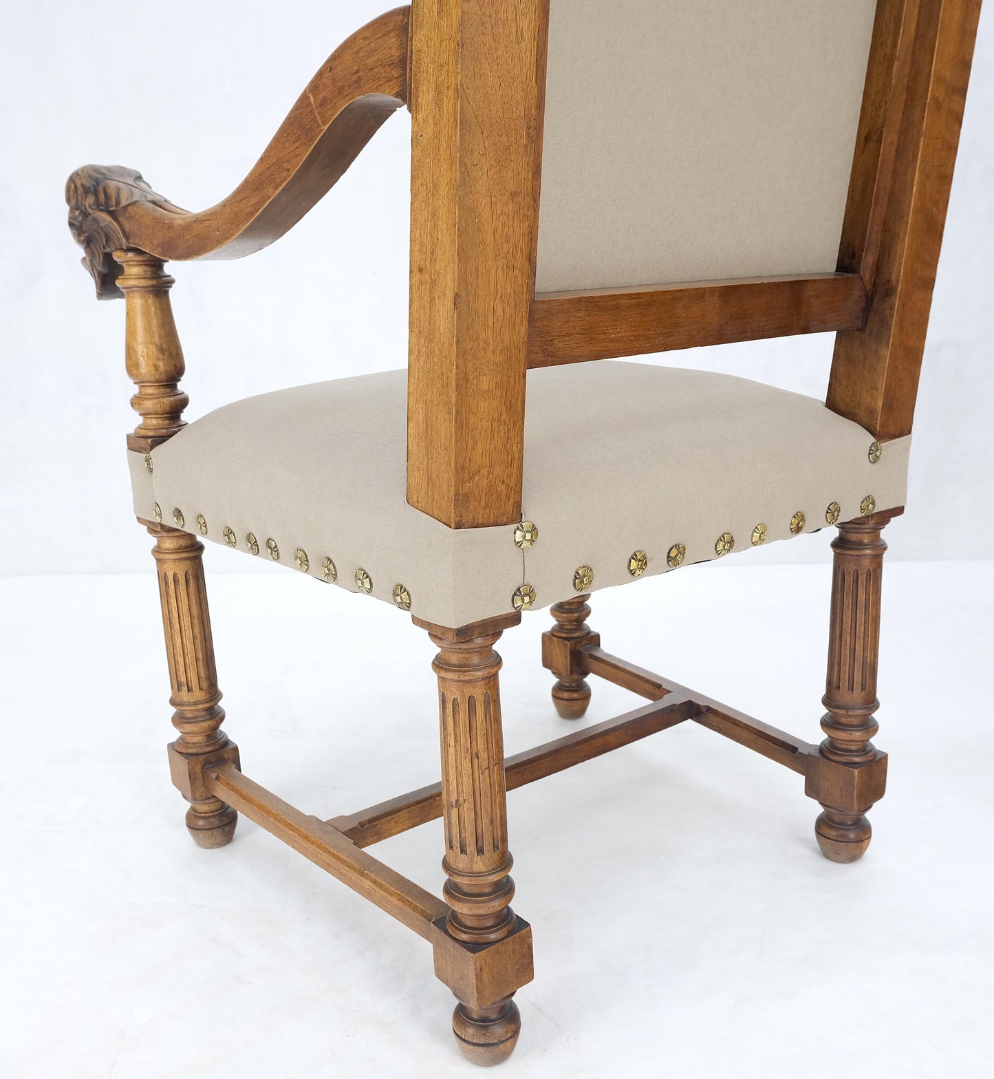 EstablishedLines Pair Antique Heavily Carved Walnut Cherub North Wind Faces Arm Chairs New Uphols