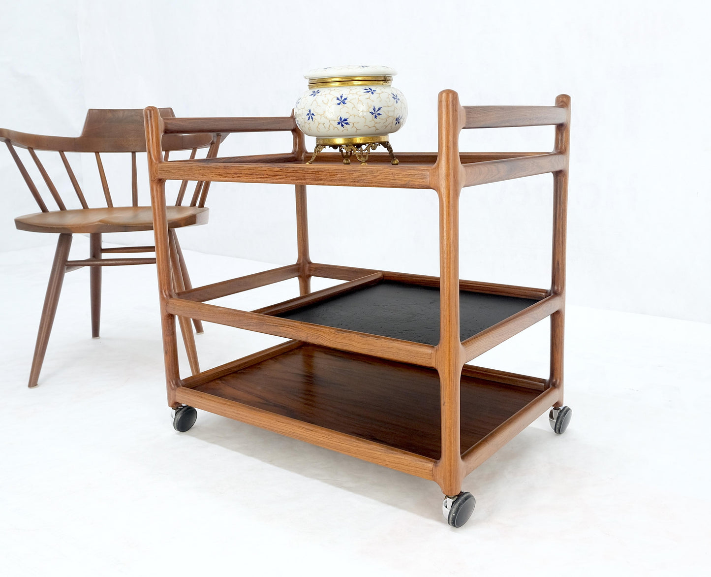 EstablishedLines Danish Mid Century Modern Solid Rosewood 3 Tier Serving Bar Cart Bottles Compart