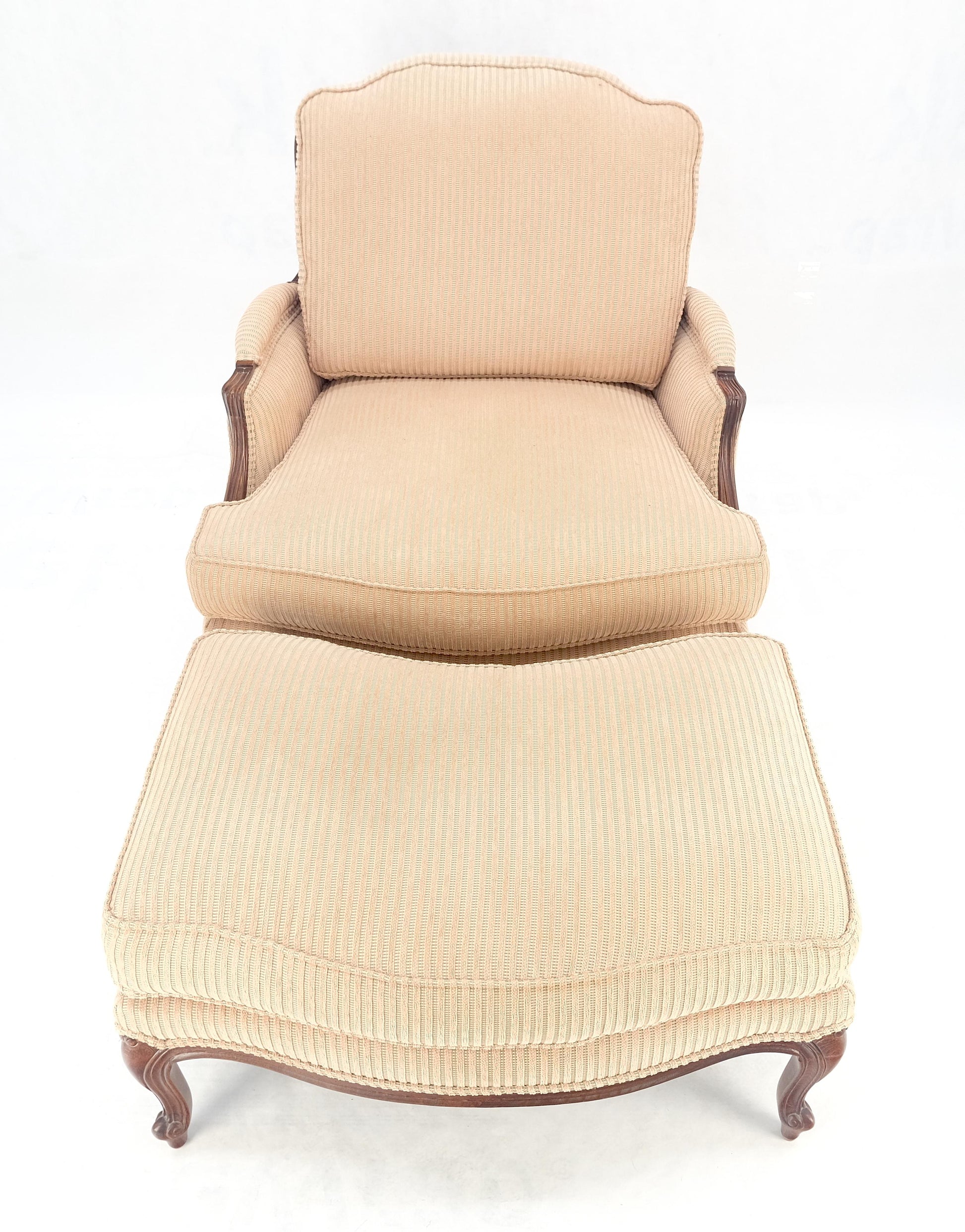 EstablishedLines Wide Carved Walnut Frame Vintage  French Arm Chair w/ Matching Ottoman Chaise