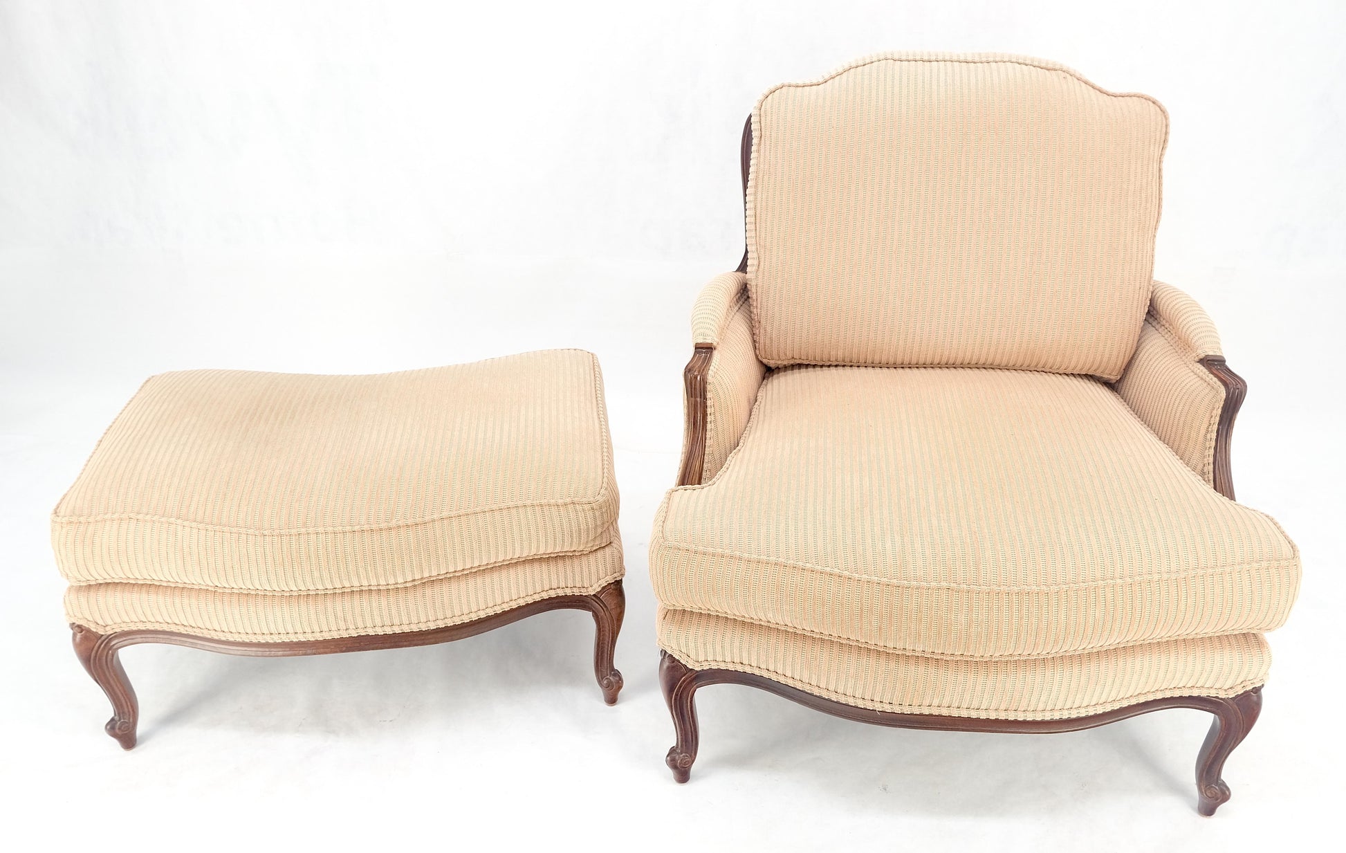 EstablishedLines Wide Carved Walnut Frame Vintage  French Arm Chair w/ Matching Ottoman Chaise