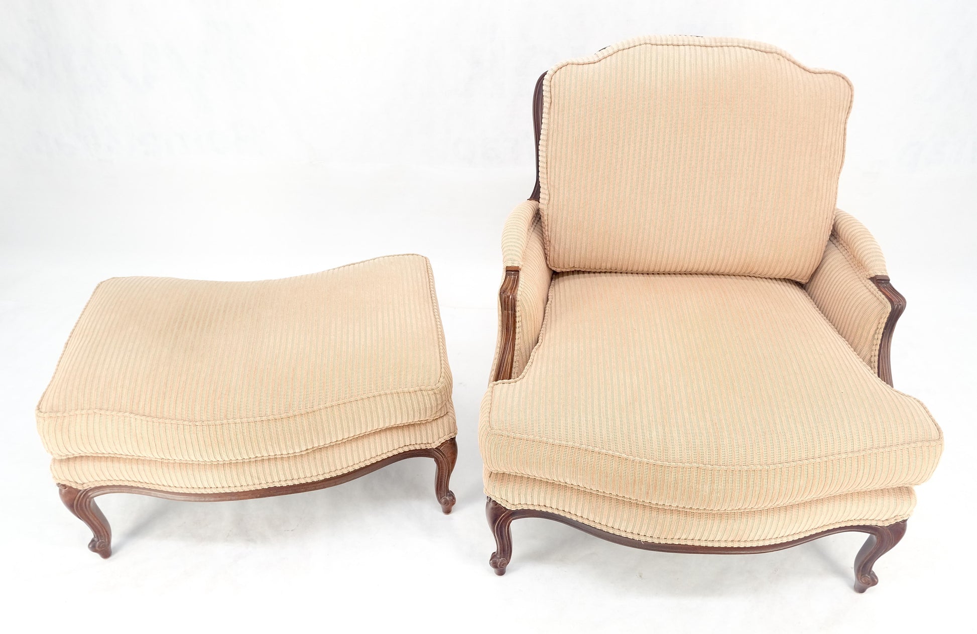 EstablishedLines Wide Carved Walnut Frame Vintage  French Arm Chair w/ Matching Ottoman Chaise