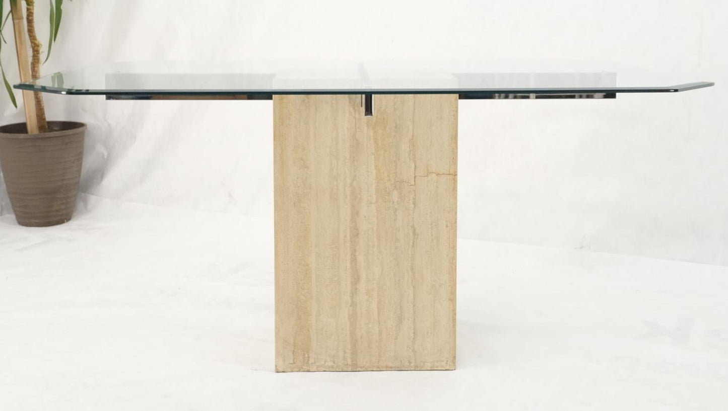 EstablishedLines Single Travertine Rectangle Base Chrome Stretchers Glass Top Dining Table Italy
