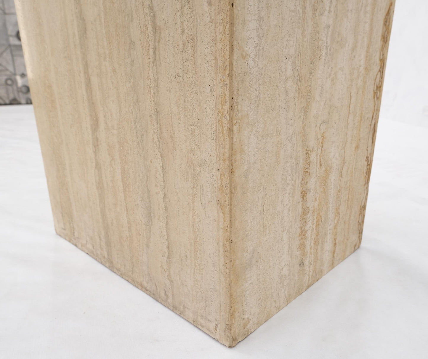 EstablishedLines Single Travertine Rectangle Base Chrome Stretchers Glass Top Dining Table Italy