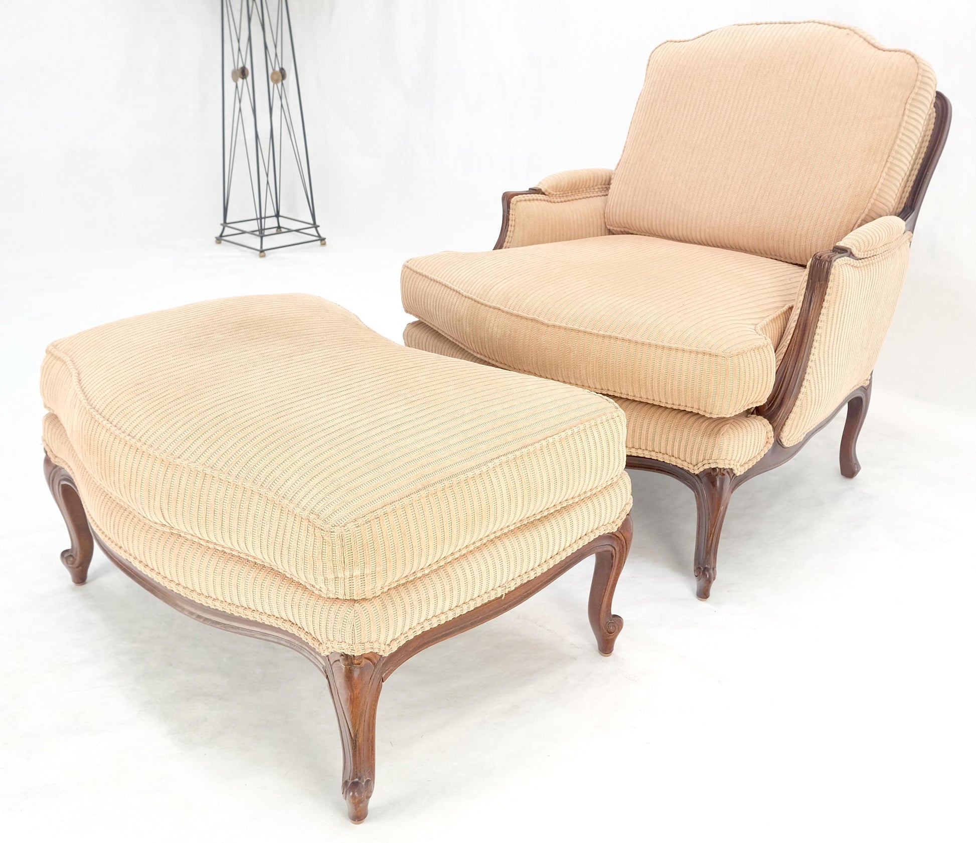 EstablishedLines Wide Carved Walnut Frame Vintage  French Arm Chair w/ Matching Ottoman Chaise