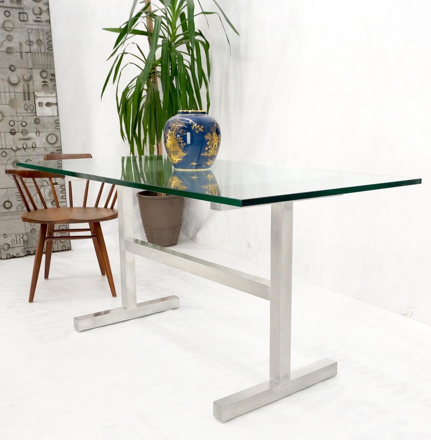 EstablishedLines Square Stainless Profile Base Glass Top Dining Writing Work Station Table