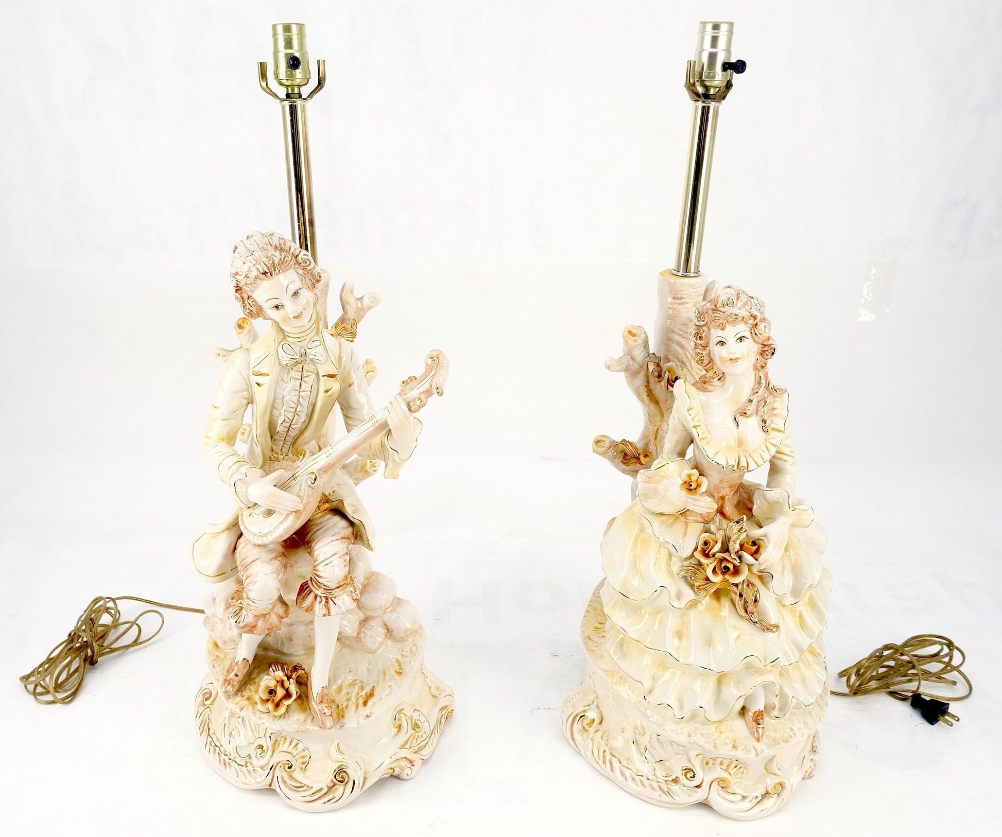EstablishedLines Pair Large 28"h Porcelain Ceramic Figural Table Lamps Man Woman Playing Guitar