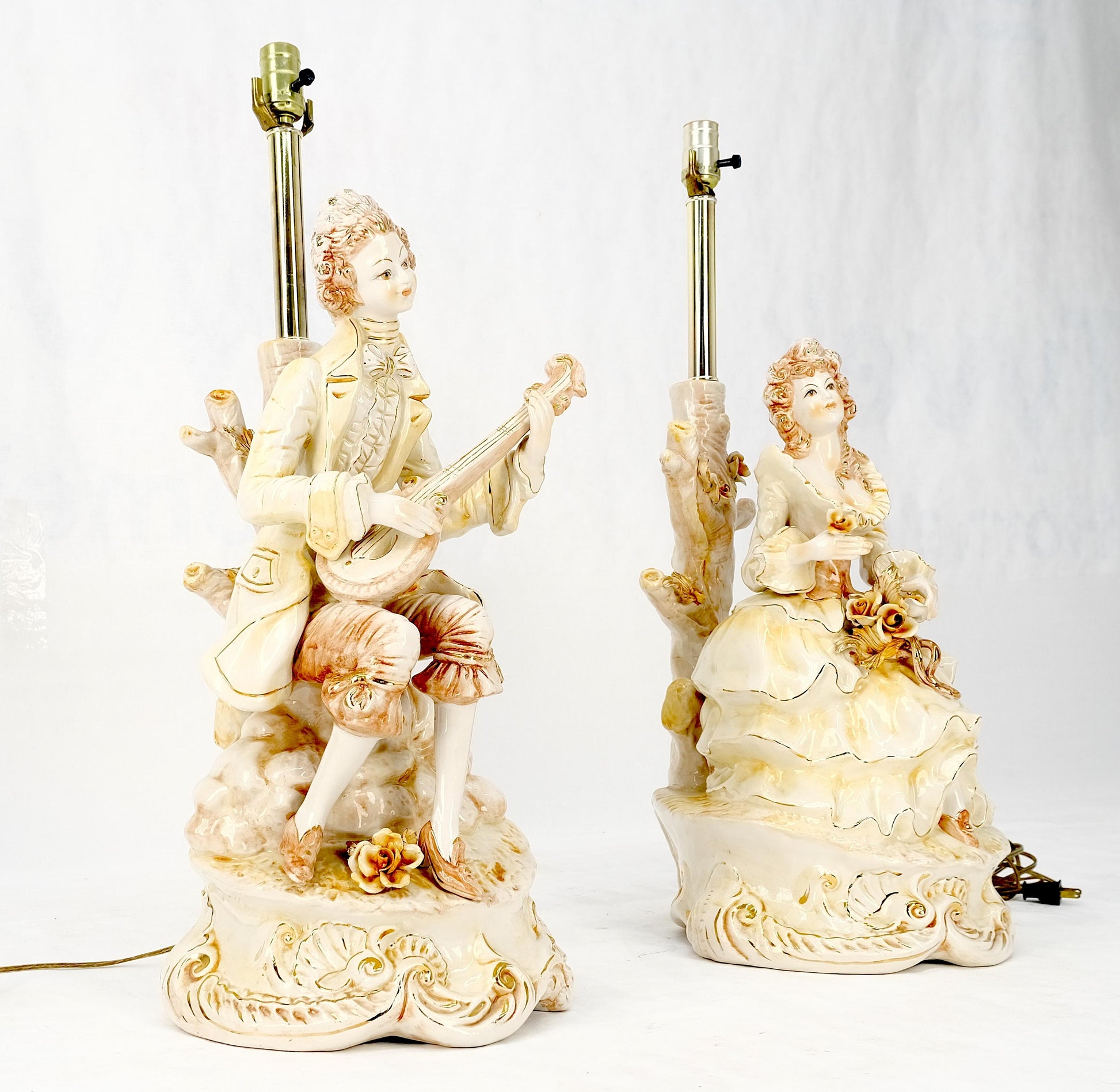 EstablishedLines Pair Large 28"h Porcelain Ceramic Figural Table Lamps Man Woman Playing Guitar