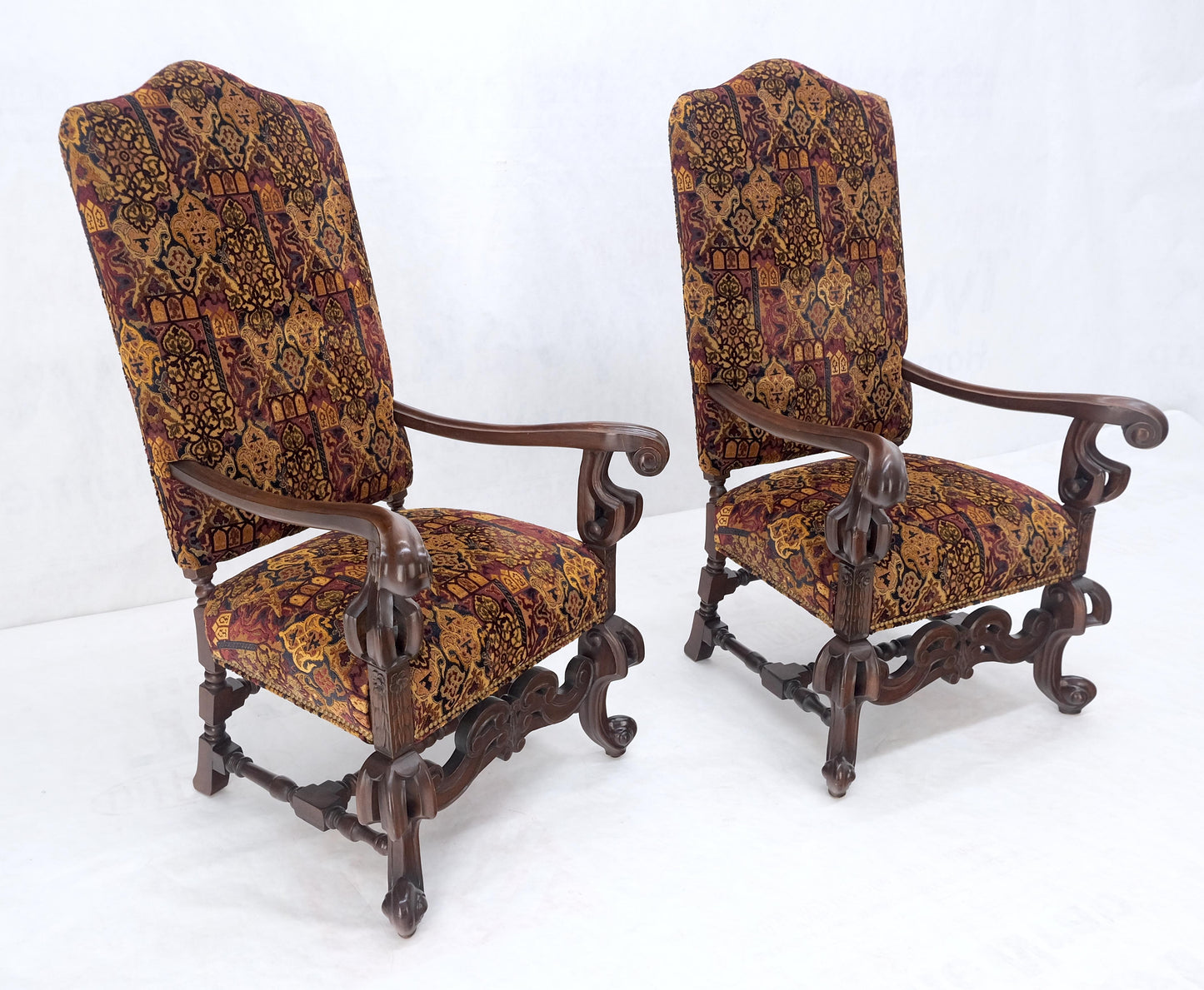 EstablishedLines Pair Gothic Oversized Heavily Carved Walnut Arm Chairs Tall Back Thrones MINT!