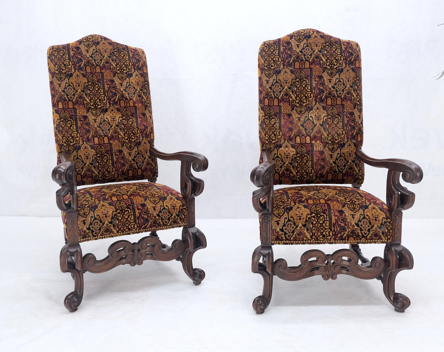 EstablishedLines Pair Gothic Oversized Heavily Carved Walnut Arm Chairs Tall Back Thrones MINT!