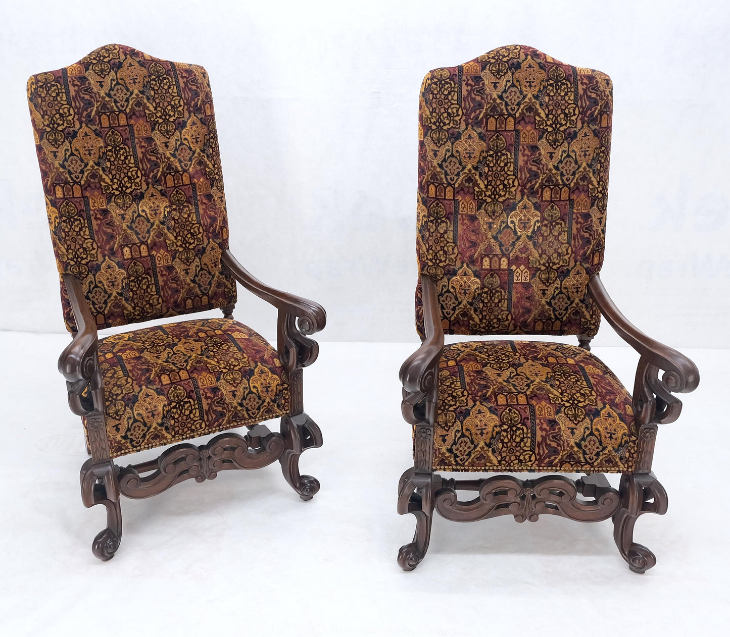 EstablishedLines Pair Gothic Oversized Heavily Carved Walnut Arm Chairs Tall Back Thrones MINT!