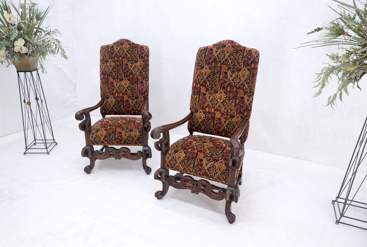 EstablishedLines Pair Gothic Oversized Heavily Carved Walnut Arm Chairs Tall Back Thrones MINT!