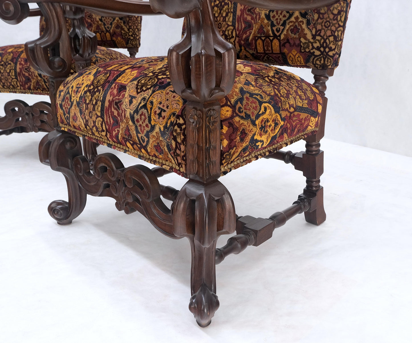 EstablishedLines Pair Gothic Oversized Heavily Carved Walnut Arm Chairs Tall Back Thrones MINT!