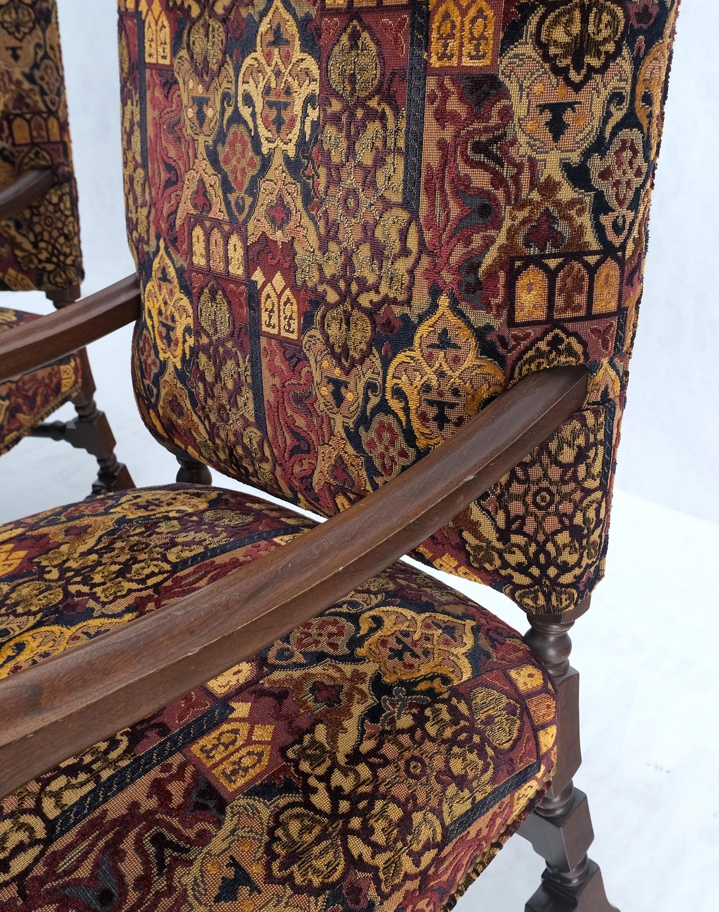 EstablishedLines Pair Gothic Oversized Heavily Carved Walnut Arm Chairs Tall Back Thrones MINT!