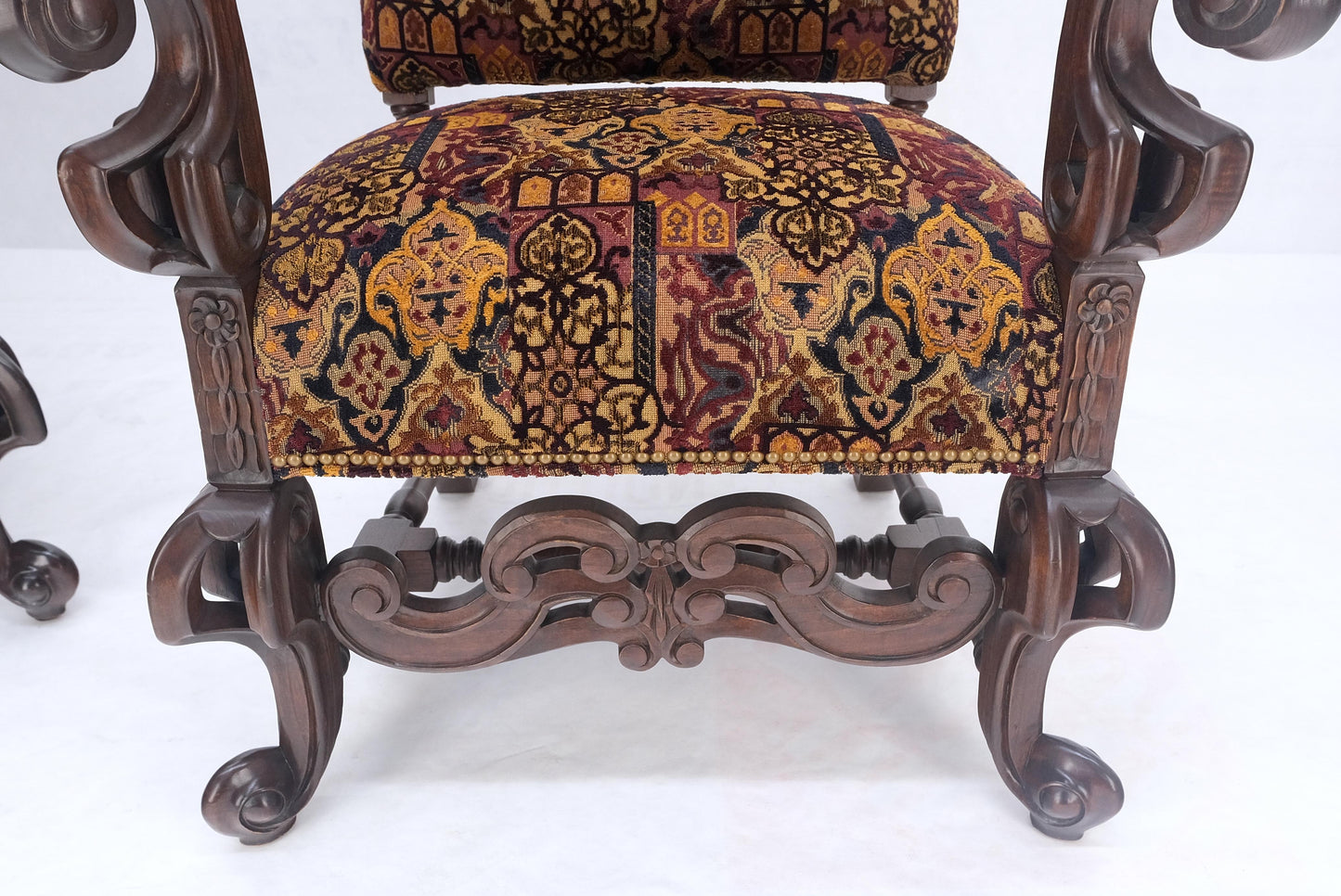 EstablishedLines Pair Gothic Oversized Heavily Carved Walnut Arm Chairs Tall Back Thrones MINT!