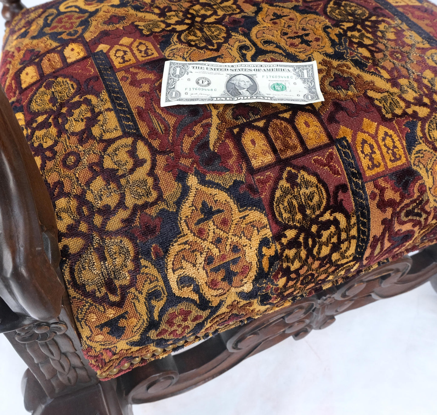 EstablishedLines Pair Gothic Oversized Heavily Carved Walnut Arm Chairs Tall Back Thrones MINT!