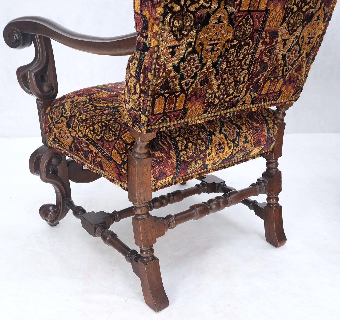 EstablishedLines Pair Gothic Oversized Heavily Carved Walnut Arm Chairs Tall Back Thrones MINT!
