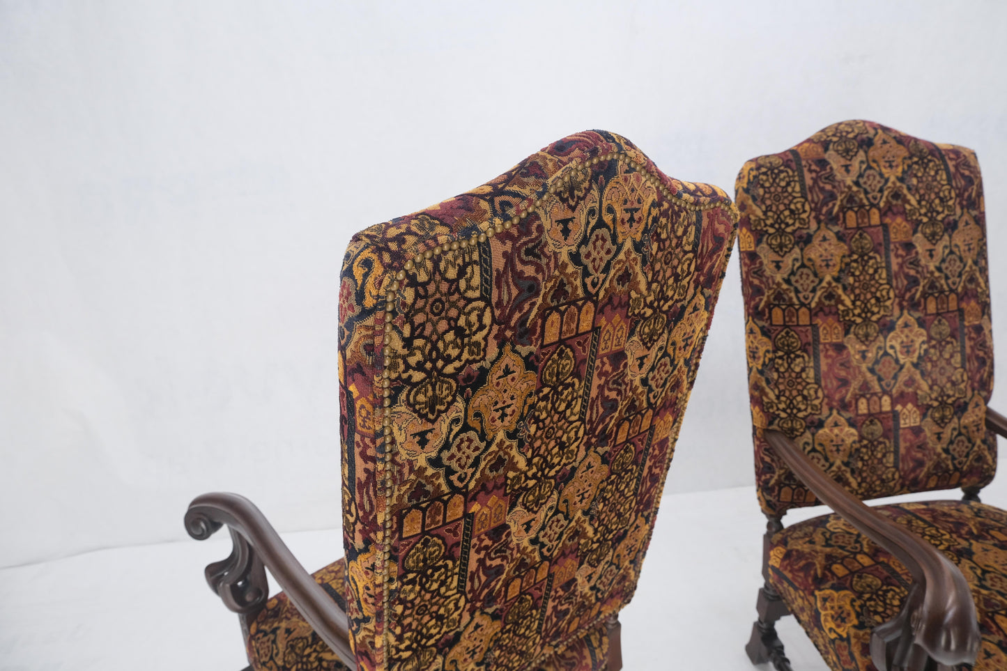 EstablishedLines Pair Gothic Oversized Heavily Carved Walnut Arm Chairs Tall Back Thrones MINT!