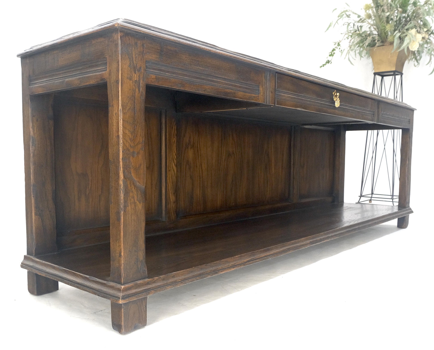 EstablishedLines Finished Back Solid Oak c1970s 78" Long One Drawer Console Sofa Table MINT