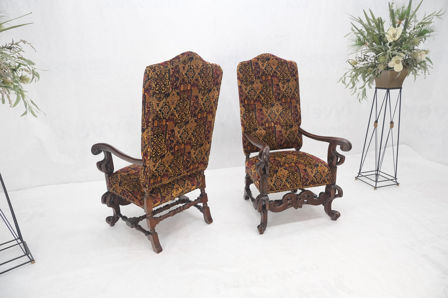 EstablishedLines Pair Gothic Oversized Heavily Carved Walnut Arm Chairs Tall Back Thrones MINT!