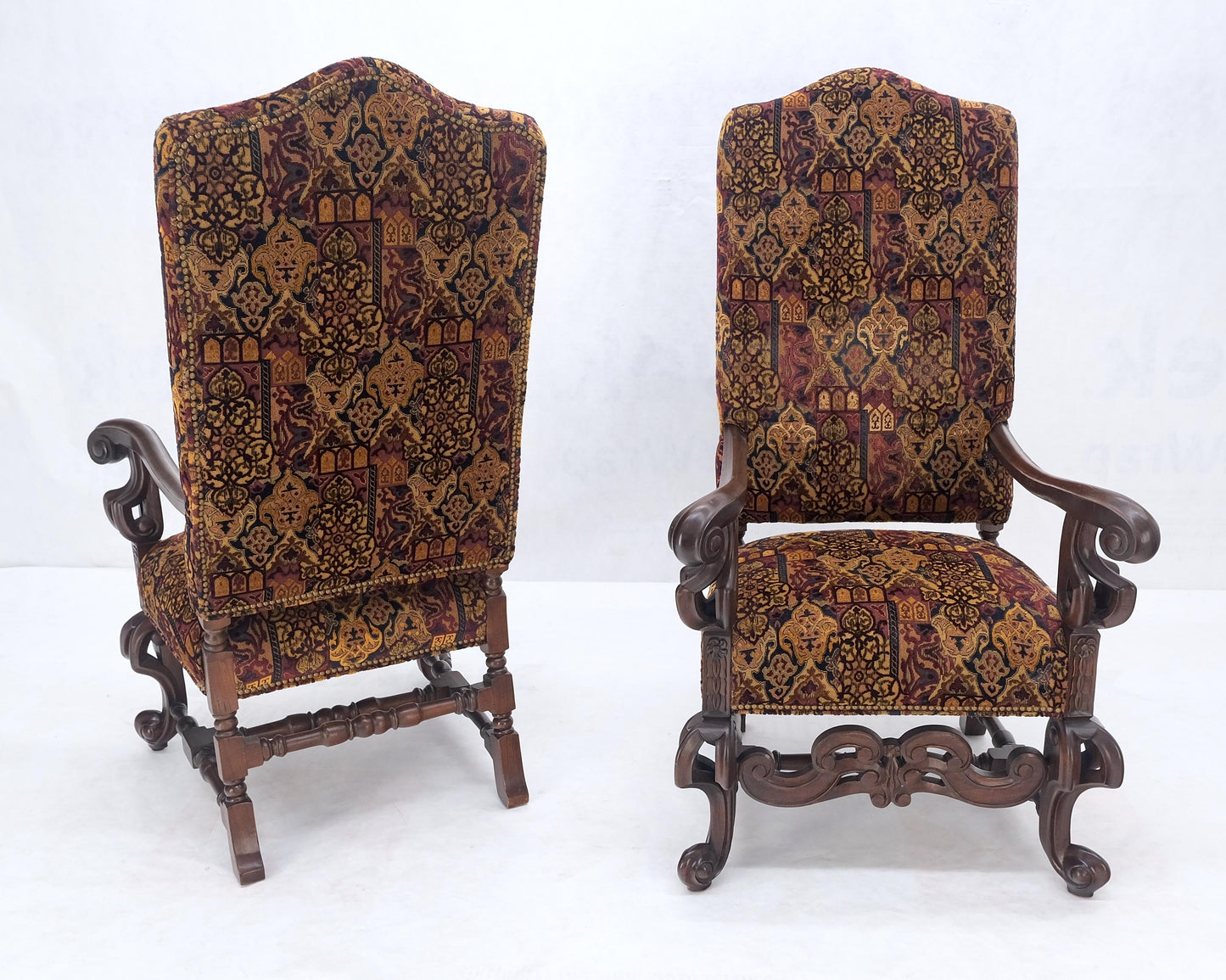 EstablishedLines Pair Gothic Oversized Heavily Carved Walnut Arm Chairs Tall Back Thrones MINT!