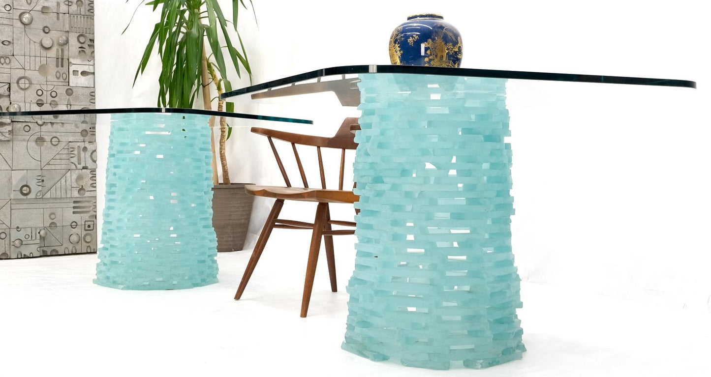 EstablishedLines Pair of Fused Glass Blocks Pedestal Bases Rounded Square Tops Dining Game Table